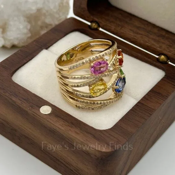 EFFY® Watercolors 14K Yellow Gold Multi Sapphire Diamond Ring - Picture 5 of 8